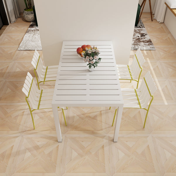 4-Pack Modern Striped Color Block Chairs - Waterproof PP Seat & Sturdy Metal Legs(White & Yellow) with 55 Inch White Modern Long Table - Indoor/Outdoor- Lightweight PP Tabletop with Metal