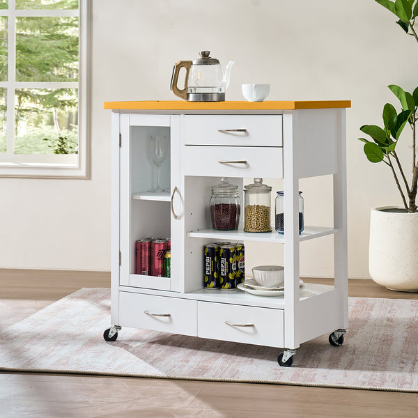 Kitchen Island Cart with walnut wood Top, Rolling Storage Cabinet on Wheels with Drawers, Sideboard Buffet with Towel Bar, White
