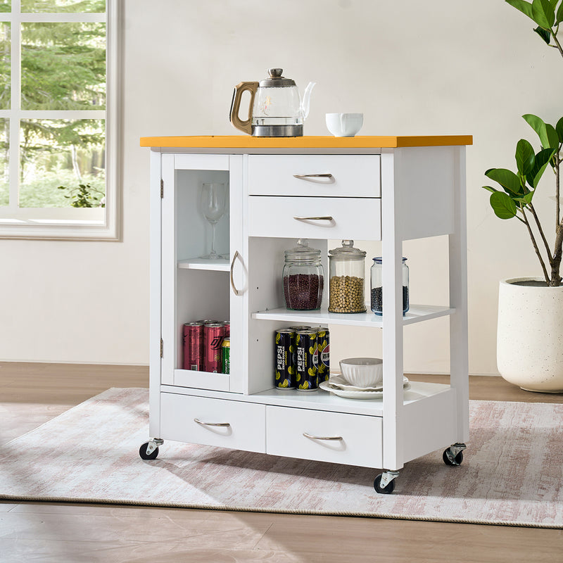 Kitchen Island Cart with walnut wood Top, Rolling Storage Cabinet on Wheels with Drawers, Sideboard Buffet with Towel Bar, White