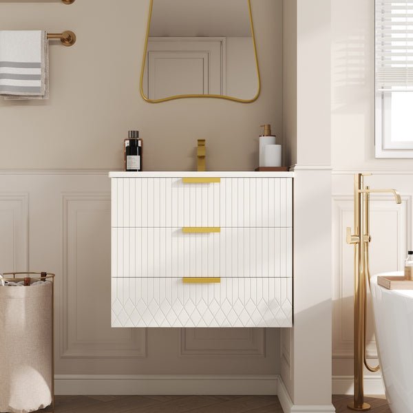 24inch Wall Mounted Floating Cabinet w/Double Drawer, Floating Rectangular Vanity Small Bathroom Sink With Single Faucet Hole and Overflow, Modern Bathroom Cabinet with Ceramic Basin Sink