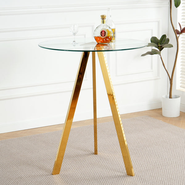 Modern Kitchen Glass dining table ROUND Tempered Glass 31.5' BAR Table top,Clear BAR Table Metal Legs,Gold-plated legs (set of 1)