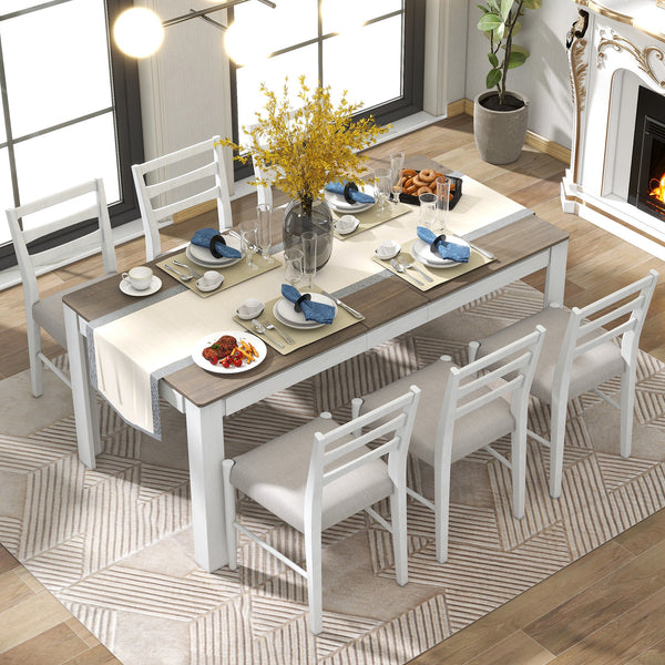 TREXM 7-Piece Wooden Dining Table Set Mutifunctional Extendable Table with 12' Leaf and 2 Drawers, 6 Dining Chairs with Soft Cushion (Brown + White)