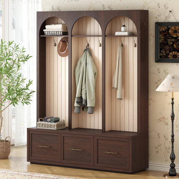 Farmhouse Wooden Style Hall Tree with Arched Design, Elegant 59' Wide Entryway Bench with 8 Retro Hooks, Rustic Coat Rack & Shoe Organizer with 3 Drawers for Mudroom, Living Room, Dark Walnut, 74.8'H