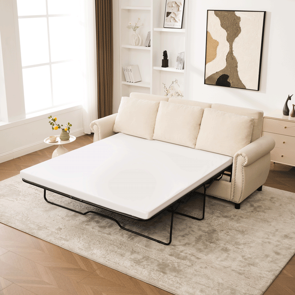 Sleeper Sofa Bed, Pull Out Couch with Mattress, 81.5'' 3 Seater Upholstery Sectional Couches, Modern Linen Convertible Sofa, Living Room Furniture for Small Spaces, Apartment, Studio, Beige