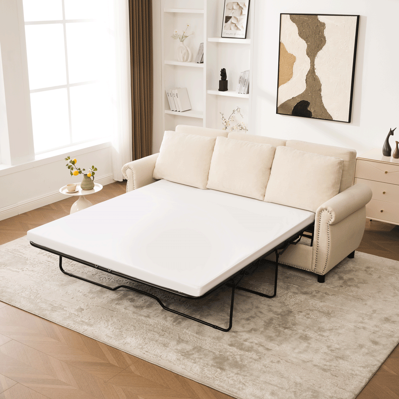 Sleeper Sofa Bed, Pull Out Couch with Mattress, 81.5'' 3 Seater Upholstery Sectional Couches, Modern Linen Convertible Sofa, Living Room Furniture for Small Spaces, Apartment, Studio, Beige