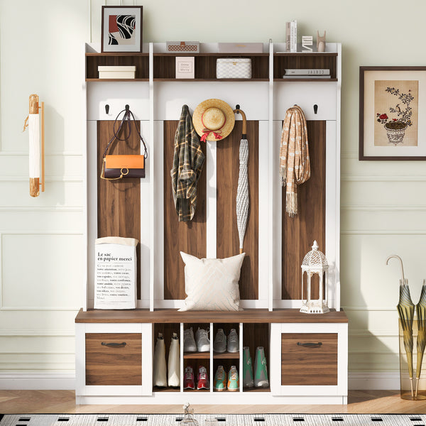 U-Can 5-in-1 Entryway Bench with Coat Rack, 7 Sturdy Hooks, 2 Spacious Drawers and Adjustable Shelves, 58.8'' Wide Hall Tree with Metal Handles for Hallway, Entryway, Living Room