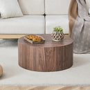 Simple deep walnut cylindrical coffee table, 23.6-inch diameter x 11.8 inch height,MDF material living room furniture. Suitable for industrial style, or modern minimalist living room.