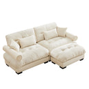 Modern Oversized Velvet Two-Seater Sofa with Ottoman and Bolster Armrests, Cream