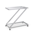 Modern Z-Shaped Bar Cart with Tempered Glass Shelves in Silver Glass+Metal