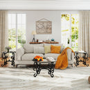 3 Piece Tempered Glass Surface Coffee Table Set, Decor Coffee Table Round End Side Table with Sturdy Construction for Living Room (Rustic Black)