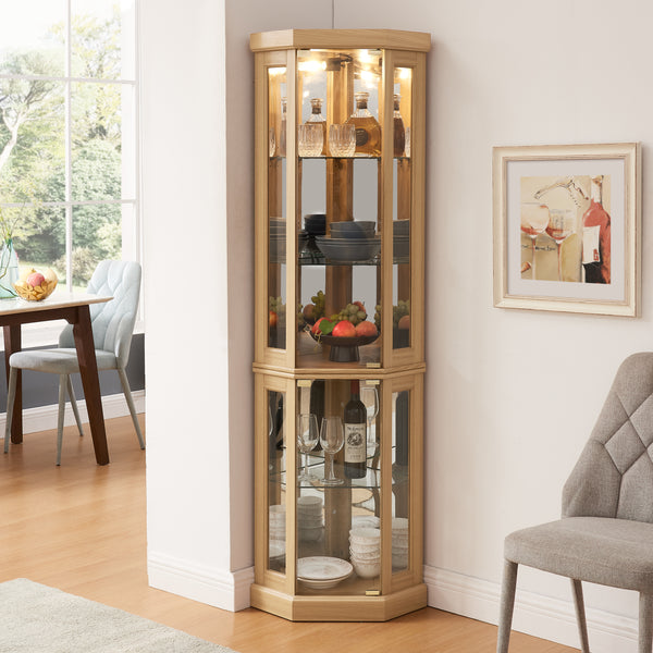 Lighted Corner Curio Cabinet - Display Case for Living Room, Antique Collectibles, Wine & Bar Glass Storage - Elegant Corner Design with Lights Included-OAK