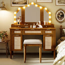 44.37 ' Makeup Vanity Desk with 13 Hollywood Bulbs and 3 Lighting Modes, Dressing Table with Tri-Fold Mirror   Large Vanity Table with 5 Drawers and Shelves and  Charging Station for Bedroom,Espresso