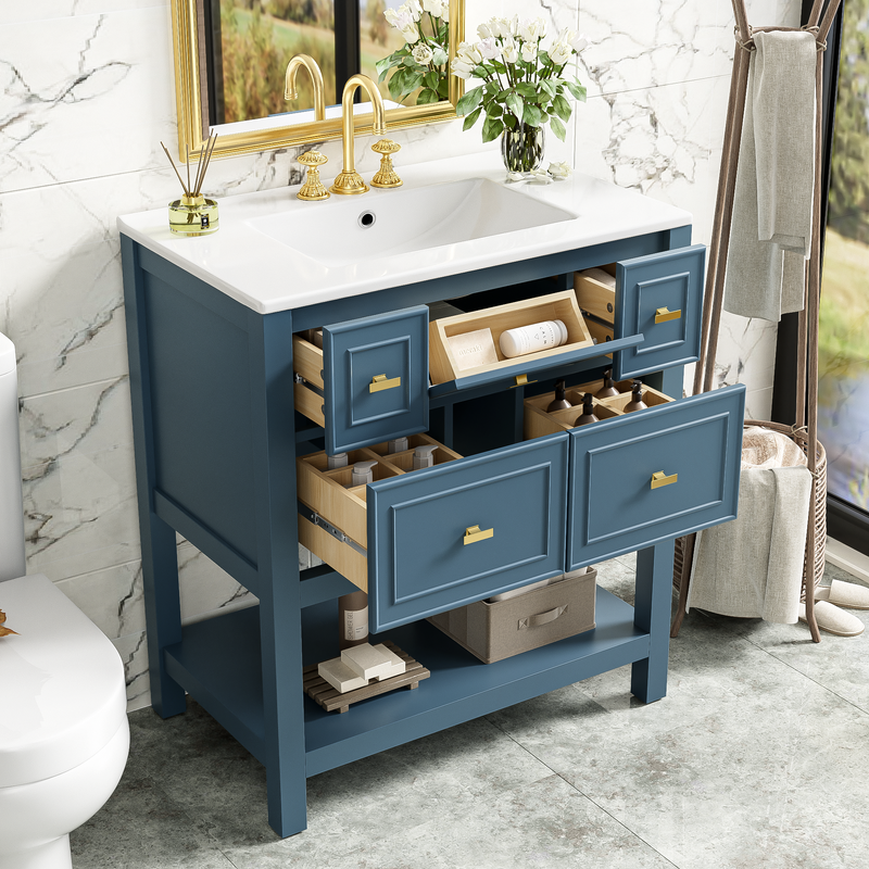 30'' Bathroom Vanity with Ceramic Sink Combo, Free Standing Single Vanity Set with 5 Drawers, Solid Wood Frame Bathroom Storage Cabinet