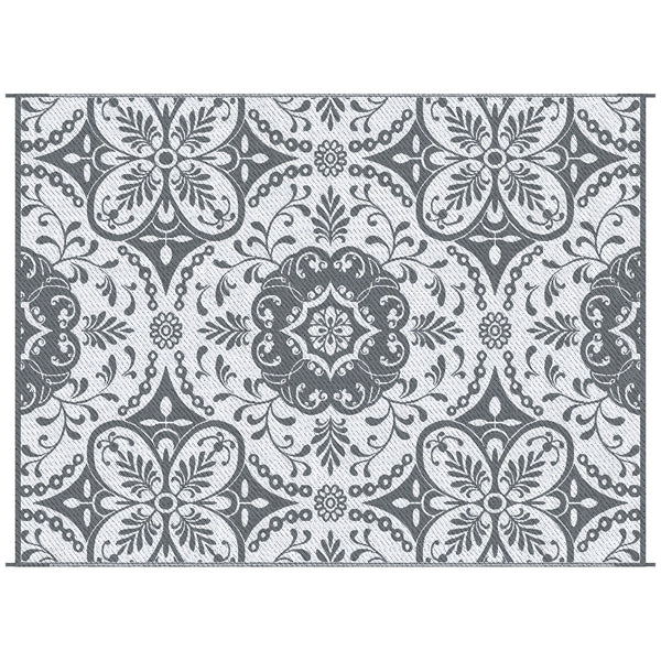 Outsunny Reversible Outdoor Rug Carpet, 9' x 12' Waterproof Plastic Straw Rug, Portable RV Camping Rugs with Carry Bag, Large Floor Mat for Backyard, Deck, Picnic, Beach, Gray & White Floral
