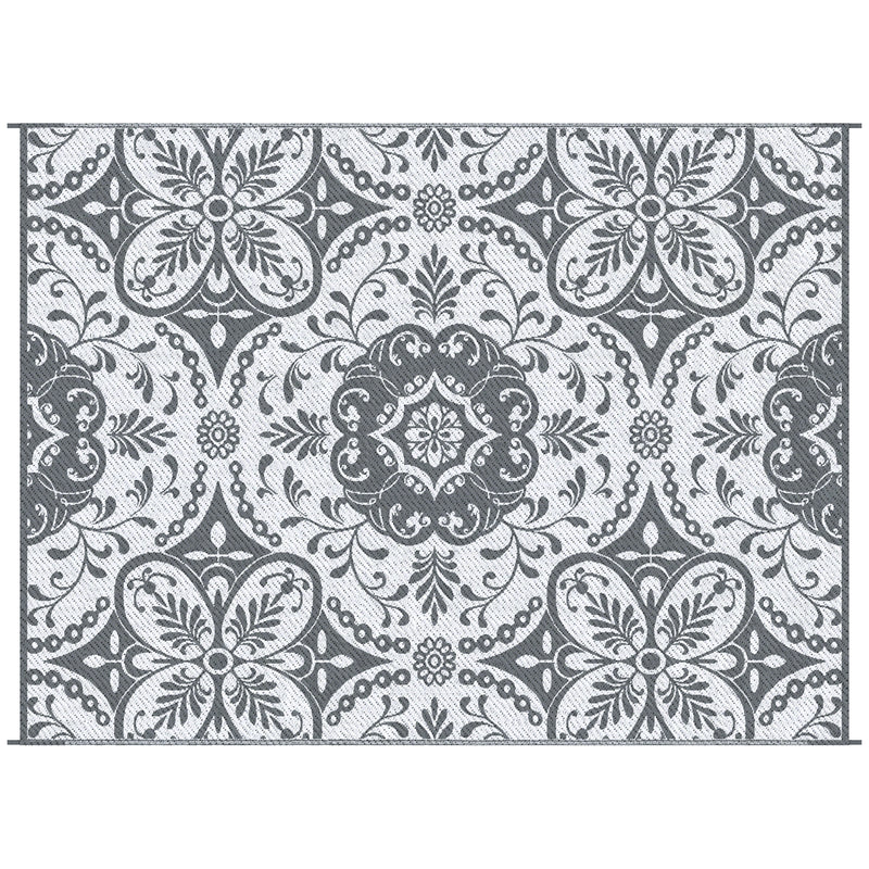 Outsunny Reversible Outdoor Rug Carpet, 9' x 12' Waterproof Plastic Straw Rug, Portable RV Camping Rugs with Carry Bag, Large Floor Mat for Backyard, Deck, Picnic, Beach, Gray & White Floral