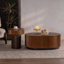 Handcraft Round Nesting Coffee Table Set of 2, - Chic Wave Stripe Edge, Modern Stylish Wooden Circle Fluted Center Table for Living Room
