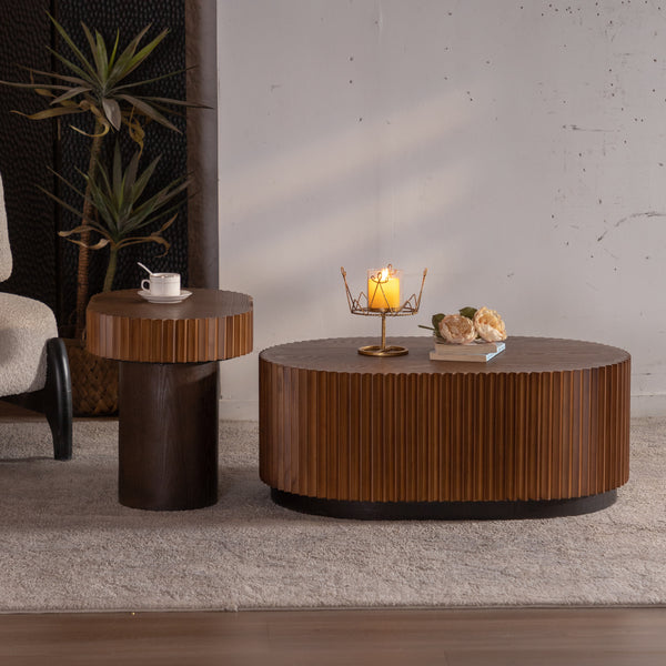 Handcraft Round Nesting Coffee Table Set of 2, - Chic Wave Stripe Edge, Modern Stylish Wooden Circle Fluted Center Table for Living Room