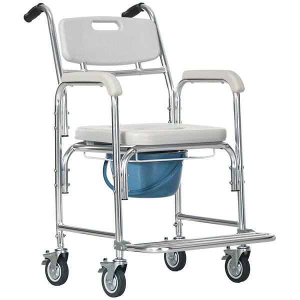3-in-1 Shower Commode Wheelchair, Transport Beside Commode Chair, Waterproof Rolling Over Toilet Chair 330 lbs. Weight Capacity with Padded Seat, Gray