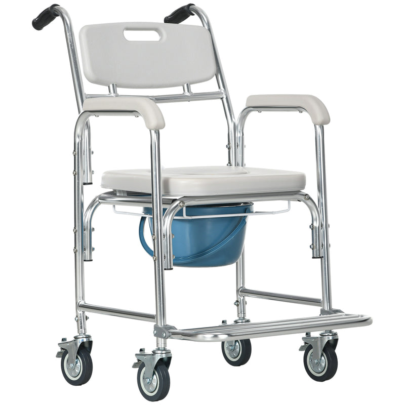 3-in-1 Shower Commode Wheelchair, Transport Beside Commode Chair, Waterproof Rolling Over Toilet Chair 330 lbs. Weight Capacity with Padded Seat, Gray