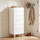 6 Drawer Tall White Dresser, Handle-Free Modern Storage Chest with Solid Natural Wood Legs, Minimalist Drawer Cabinet for Bedroom Living Room, Simple to Instal