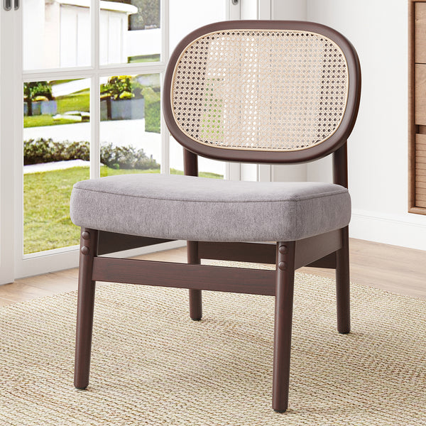 Rattan Accent Chair, Upholstered Living Room Chair with Rattan Back & Wood Frame, Mid-Century Modern Reading Chair for Living Room, Bedroom,Khaki