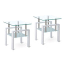 2 Pieces White Tempered Clear Glass End Table with Storage for Living Room in Modern Design