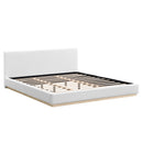 Elegant White Fabric Upholstered King Bed with Natural Wood Grain Textured Solid Wood Base Frame, White, King
