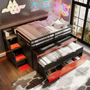 Full XL Loft Bed with Pull-Out Desk and Twin Trundle, Multi-Functional Bunk Bed with 2 Storage Drawers and Storage Steps, Space-Saving Gaming & Workstation Bedframe, Black+Red