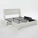 White Queen Size Bed Frame with Wingback Upholstered Diamond Headboard, 2 Storage Drawers, LED Lights, Charging Station, Metal Slats, Noise-Free, Easy Assembly, No Box Spring Needed