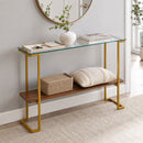 Glass Console Table for Living Room, Foyer & Entrance, 2-Tiers Mid-Century Modern Sofa Table with Clear Glass Top, Walnut Finish Wood Top and Gold Finish Metal Frame