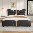 Queen Size Upholstered PU Leather Bed Frame, with Butterfly Shaped Headboard and Footboard, Platform Bed Frame with Gold Metal decorations, No Box Spring Needed, Black