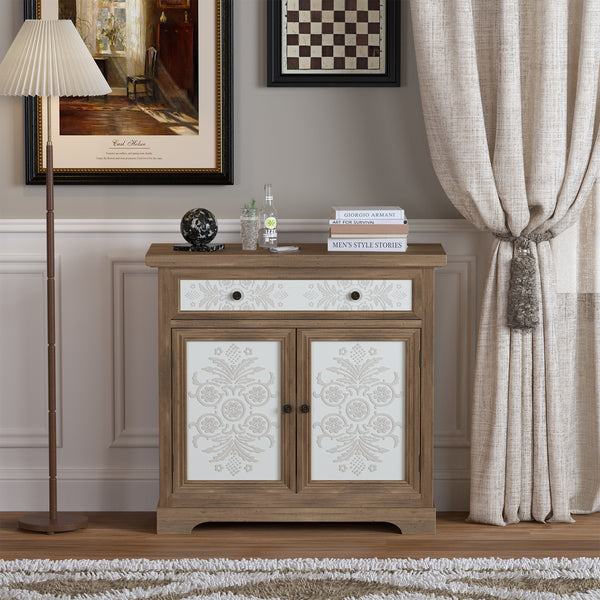 Rustic Vintage Accent Cabinet with Carved Floral Panels, Distressed Wood Sideboard with Drawer and Double Doors, Farmhouse Storage Cabinet for Living Room, Entryway, or Bedroom