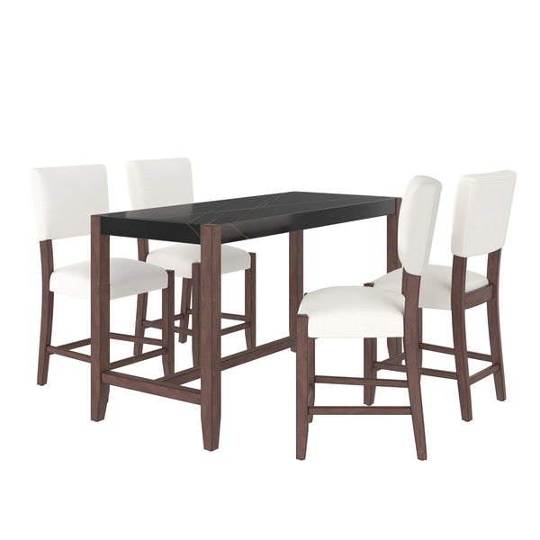 5-Piece Counter Height Dining Set, Faux Marble Bar Table with 4 Upholstered Chairs, Mid-Century Style for Kitchen or Small Spaces