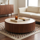 39.3 Round coffee table, with a sintered stone top featuring inlaid details and natural walnut veneer, incorporating storage space