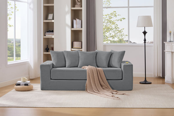 [NEW ARRIVED] [VIDEO PROVIDED]2-in-1 Convertible Sleeper Couch,Modern sofa, Floor Folding Couch,Corduroy Loveseat Sofa,5 Pillows,Side Pocket, Cup Holders,Apartment, Home Office, No Assembly,Dark Gray