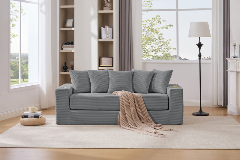 [NEW ARRIVED] [VIDEO PROVIDED]2-in-1 Convertible Sleeper Couch,Modern sofa, Floor Folding Couch,Corduroy Loveseat Sofa,5 Pillows,Side Pocket, Cup Holders,Apartment, Home Office, No Assembly,Dark Gray