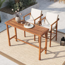 3 Piece Outdoor Bar Set, Patio Acacia Wood Bar Height Table & 2 Stools with Cushions, Wood Dining Bar Set for Backyard, Poolside, Balcony, Beige Cushions