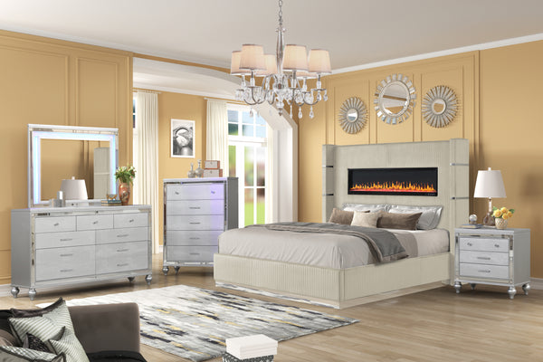 LIZZELLE Upholstery Wooden Queen 5 PC Bedroom set with Ambient lighting in Beige Velvet Finish(CA INVENTORY)