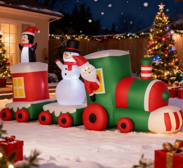 Inflatable Christmas Train with Santa, Snowman & Penguin – Festive LED-Lit Outdoor Yard Decoration for Holiday Cheer