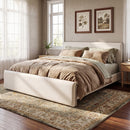 King Size Upholstered Platform Bed With Linen Fabric And Thick Headboard, Beige