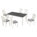 TREXM Retro Style 7-Piece Dining Table Set with Extendable Table and 6 Upholstered Chairs, Gray and White, Solid Wood