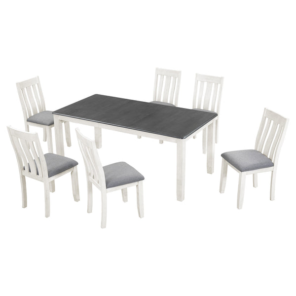 TREXM Retro Style 7-Piece Dining Table Set with Extendable Table and 6 Upholstered Chairs, Gray and White, Solid Wood