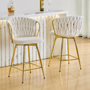 Set of 2 Modern Velvet Braided Bar Stool with Metal Frame, Upholstered Counter Height Stool with Woven Rope Backrest for Kitchen Island, Home Bar or Dining Area – Beige