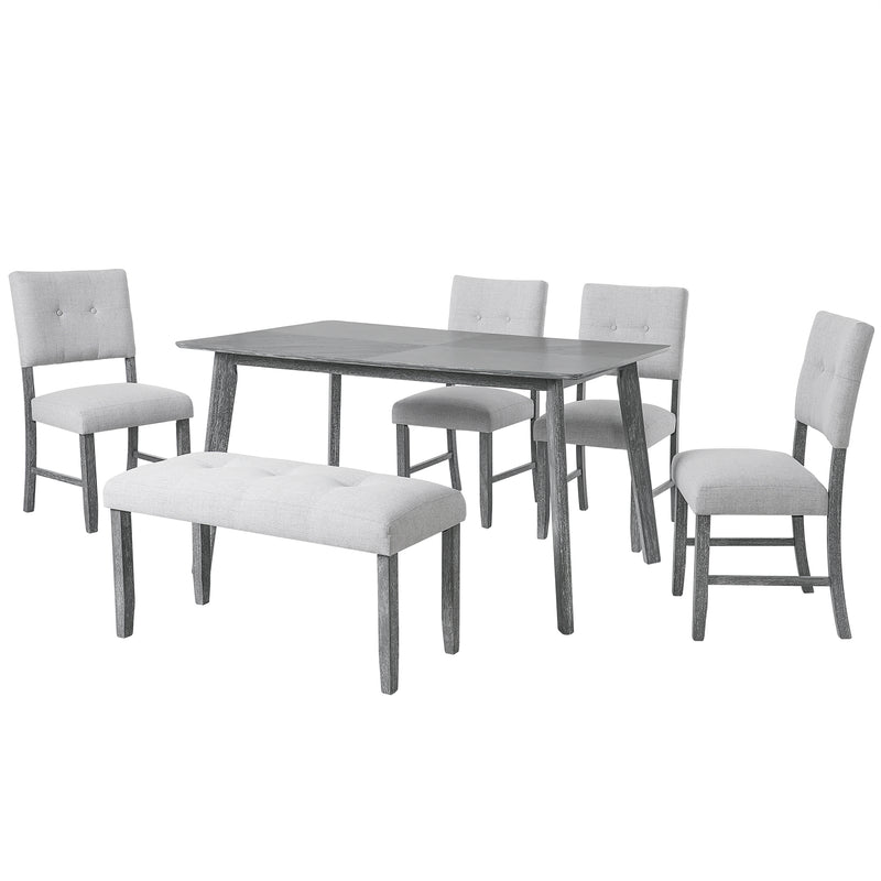 6PCs Dining Room Table Set, Rustic Farmhouse Dining Room Rectangular Table with 4 Upholstered Chairs and Bench, Solid Wood Kitchen Dining Table Set for 6 Persons