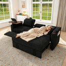81-inch 3-in-1 foldable three-person sofa bed with a table board and USB ports, armrests with storage function. High-quality chenille three-person sofa. The sofa bed features adjustable backrest and p