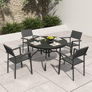 5-Piece Outdoor Patio Dining Set , 47' Round Wood-Grain Slat Table w/ Umbrella Hole + 4 Stacking Metal Chairs (350 lbs Capacity) , Rustproof, Breathable Design, 30-Min Assembly, Patio, Garden, Balcony