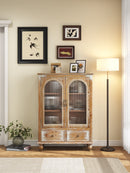 Farmhouse Storage Cabinet, Distressed Wood Kitchen Pantry Cabinet with 2 Glass Doors & 2 Drawers, Rustic Freestanding Buffet Cupboard with Shelves for Living Room, Dining Room,Antique Brown  & White