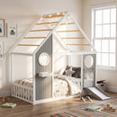 Twin House Bed with Slide, Ball Light Strip, Wooden Playhouse Design Platform Bed with Front Panel, Fun Bedroom Furniture-Gray