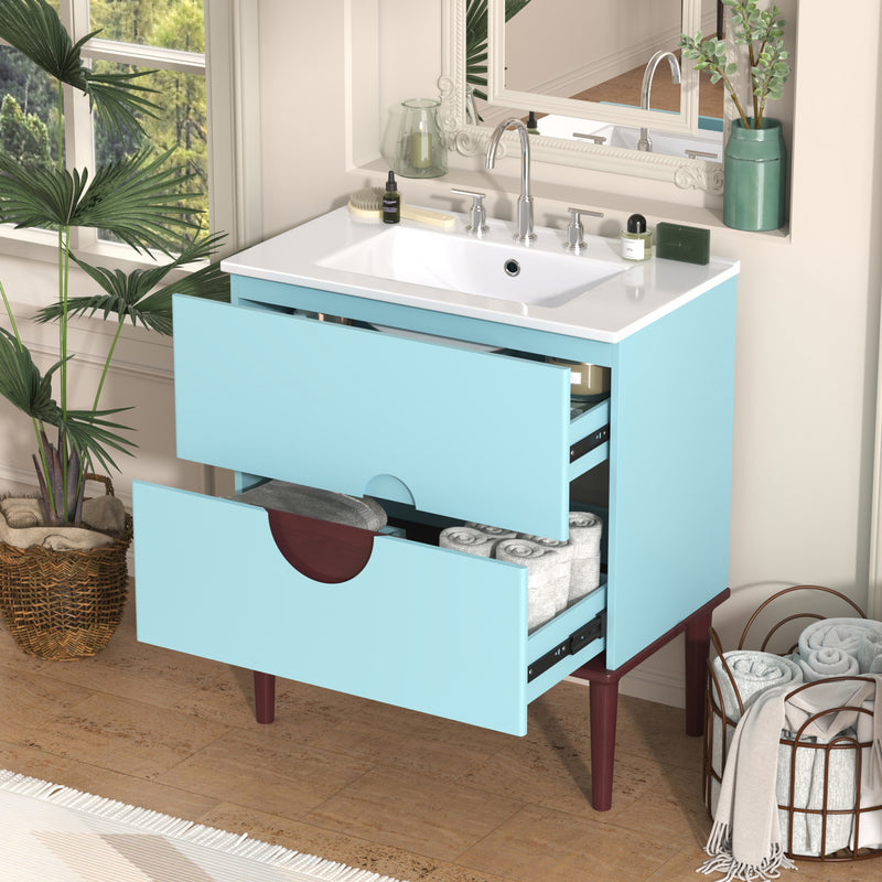 30'' Bathroom Vanity Cabinet with Ceramic Sink Combo Set, Solid Wood Frame Modern Bathroom Storage Cabinet with 2 Drawers, Blue