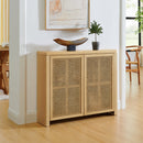 39.4' Mid Century Modern Rattan Sideboard Buffet Cabinet with 2 Outlet Holes, Coffee Bar Wine Bar Credenza, Retro Storage Cabinet for Entryway, Hallway, Living Room, Kitchen, Dining Room, Natural